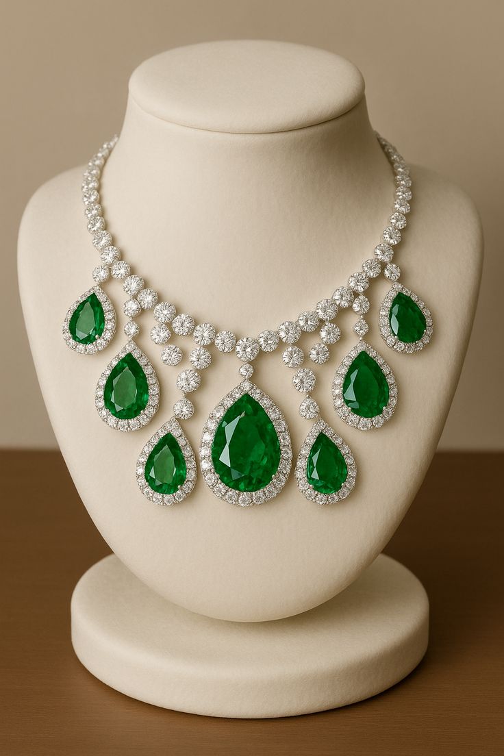 Pear-shaped emeralds with brilliant diamonds