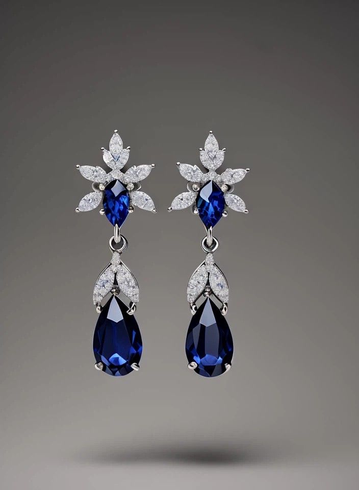Rich blue stones set in a floral marquise diamond cluster