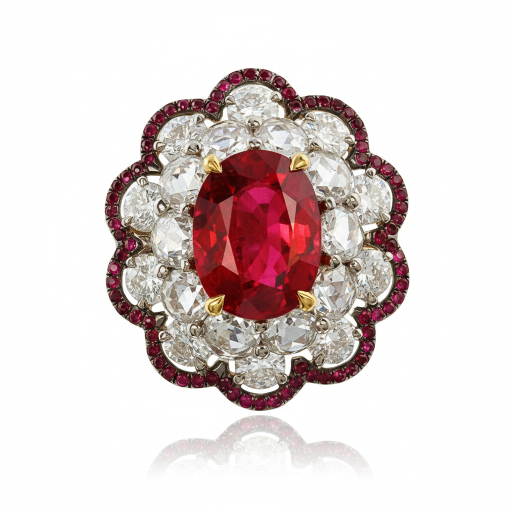 Vibrant oval-cut ruby surrounded by antique-cut diamonds