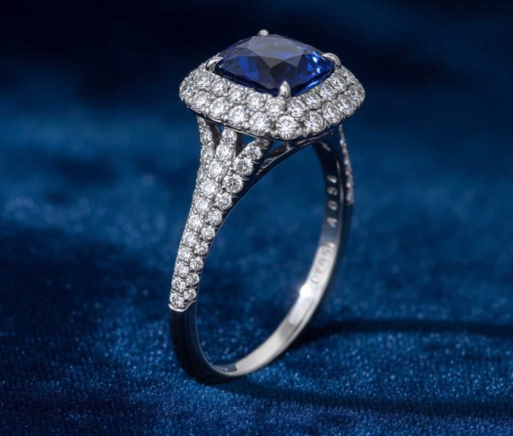 sapphire sits perfectly in hand-set diamonds.